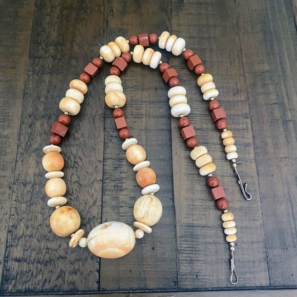 Vintage MJ Bone & Horn Necklace Red Jasper Square & Round Beads 27" - Picture 3 of 11